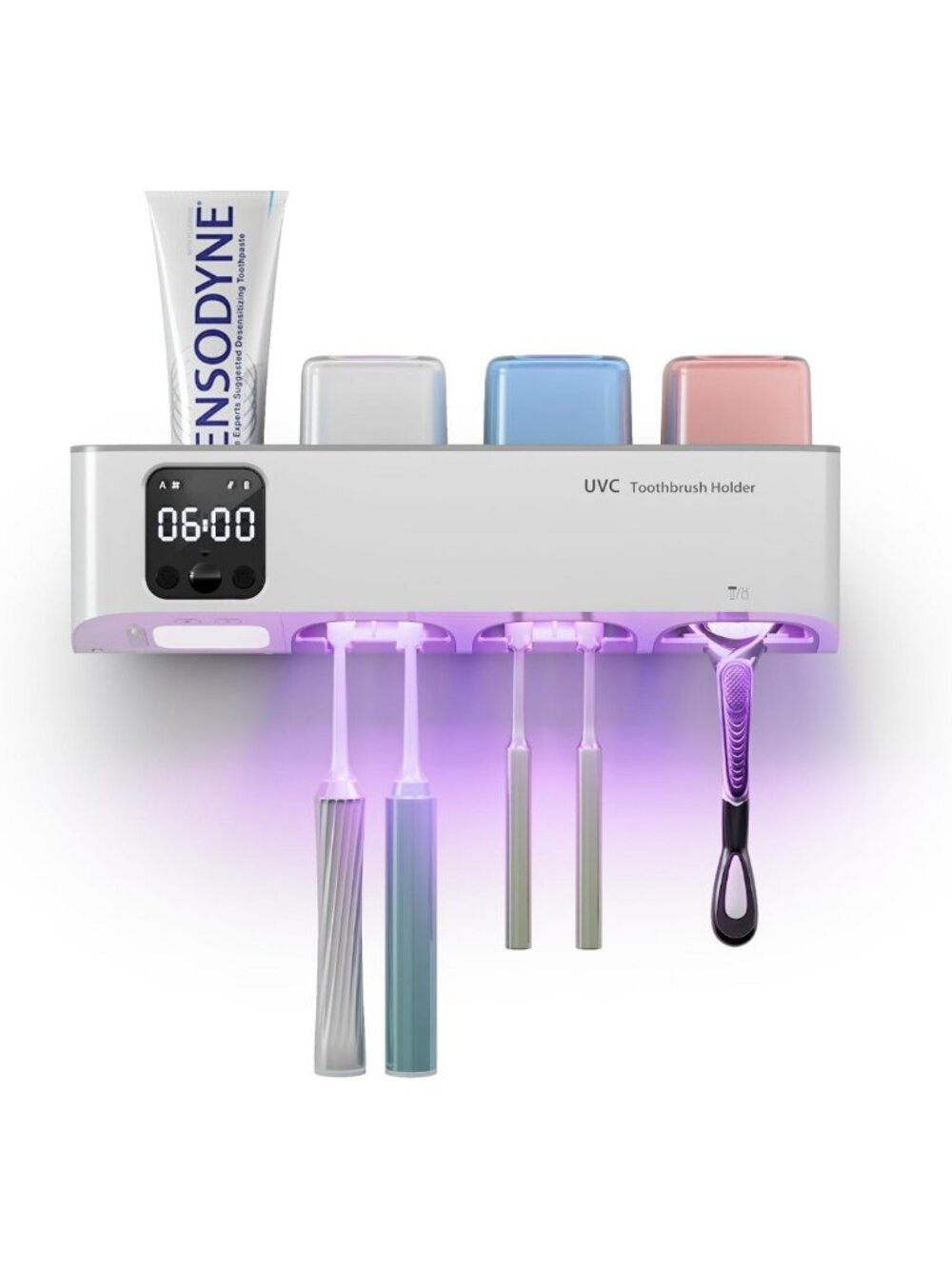Wall-Mounted Toothbrush Holder with 3 Cups, Clock & Motion-Activated Night Light